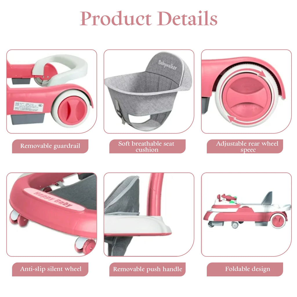 4 in 1 Baby Walker Toddler Baby Push Walker with Sunshade, Removable Feeding Tray and Music Tray Foldable Walker