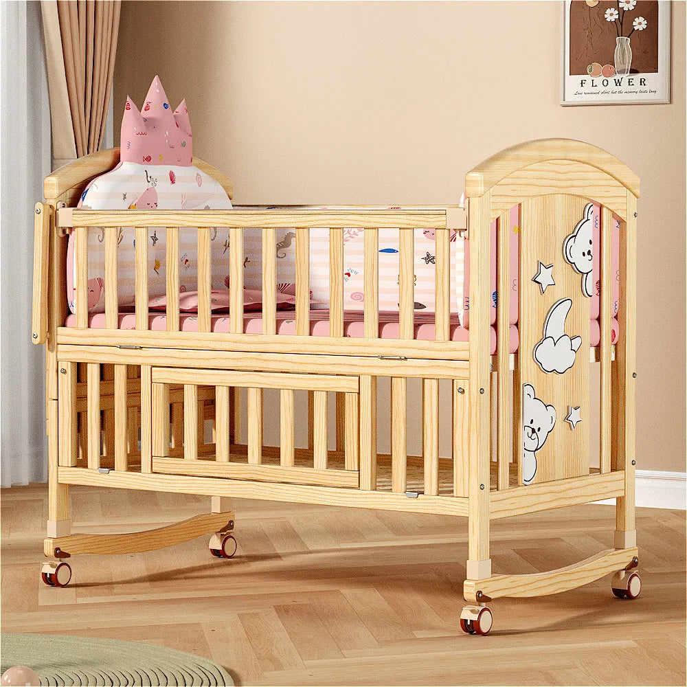New Comfortable Solid Wood Baby Crib Adjustable Wheels Comfortable Baby Cradle Beds for 0-3 Years Old