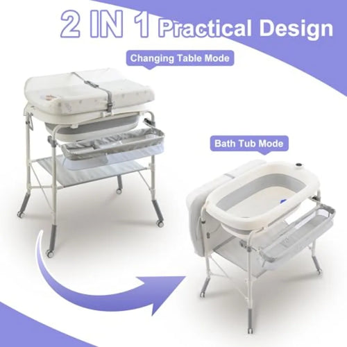 2-in-1 Baby Bathtub with Changing Table Foldable Diaper Changing Station with 4 Wheels Waterproof Pad Storage Rack and Baby Bat