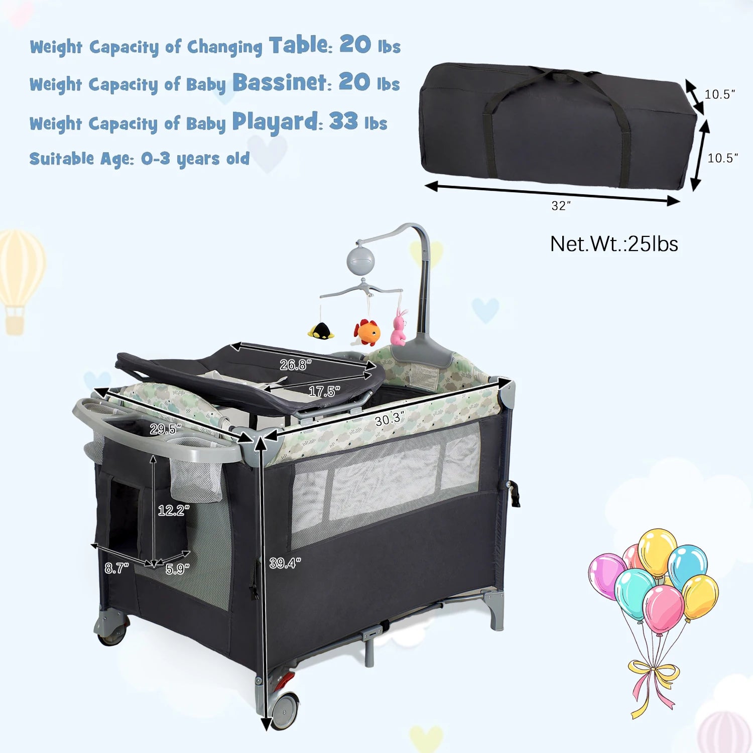 Pack n Play Portable Playard with Bassinet Baby Travel Crib with Changing Table Newborn to Toddler Folding Nursery Bed Playpen