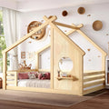Full Size Floor House Bed with Roof, Solid Wood Montessori Bed Frame with Slats and Guardrails, Kids Playhouse, Customized