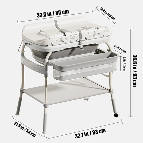 2 in 1 Baby Changing Table with Bath Tub Folding Diaper Dresser Station with Wheels Portable Nursery Organizer Stand for Newborn