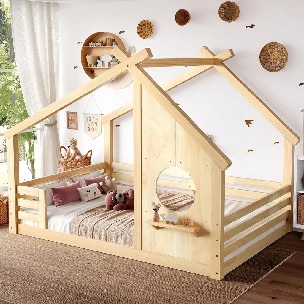 Full Size Floor House Bed with Roof, Solid Wood Montessori Bed Frame with Slats and Guardrails, Kids Playhouse, Customized