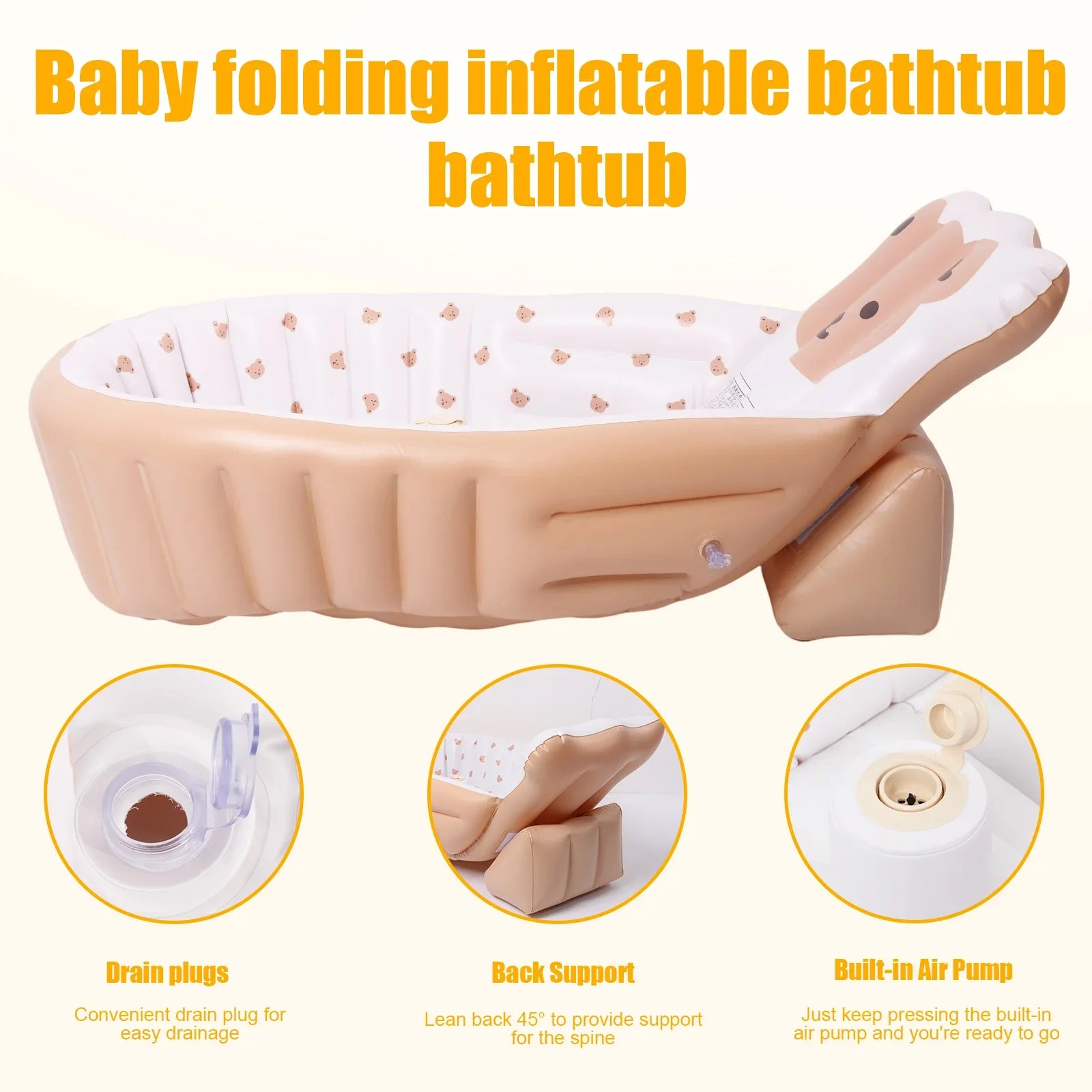 PVC Inflatable Baby Bathtub Elevated Backrest Design Soft Comfortable Travel Shower Basin Ergonomic Baby Bath Tub for Newborn
