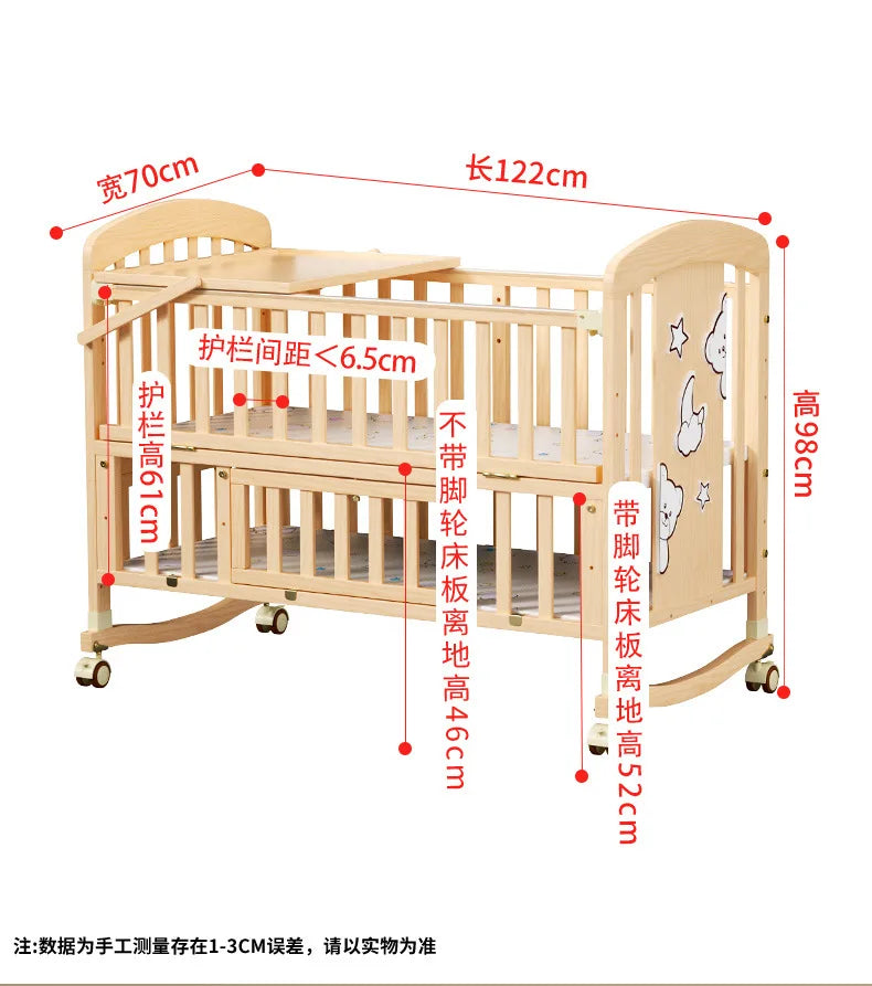 Wood Baby Crib with Newborn Baby Bed Diaper Table Multifunctional Baby Rocking Bed with Wheels and Mosquito Net