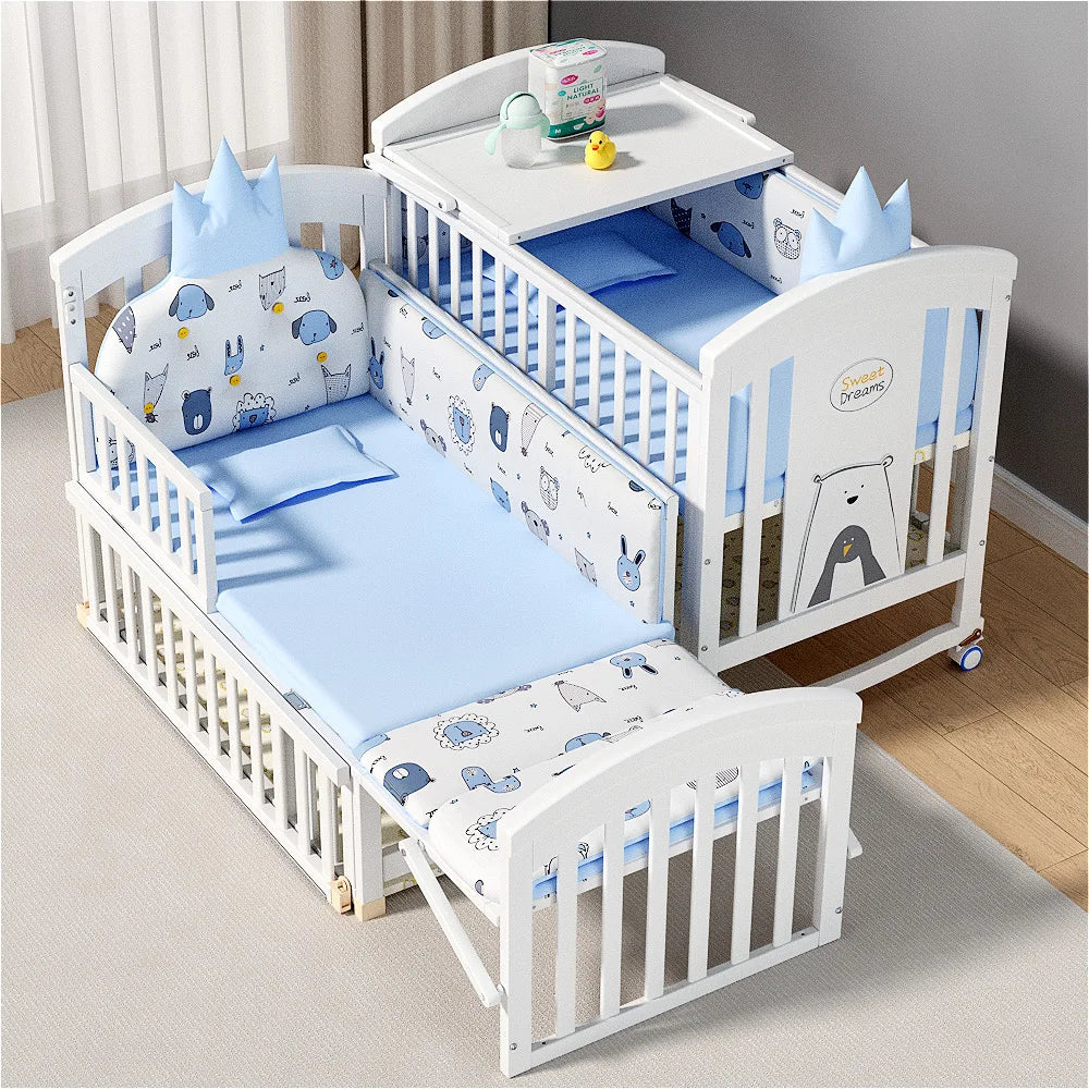 5 in 1 European Style Multifunction White Solid Wood Kids Cribs With Mosquito Net Comfortable Babies Bed for Twins