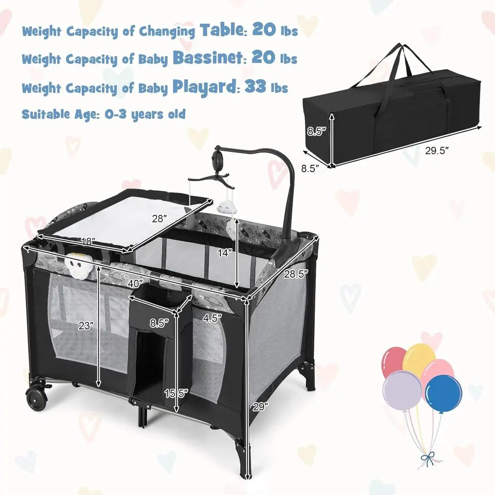 Pack and Play, 4 in 1 Portable Baby Playard with Bassinet, Changing Table, Lockable Wheels, Music Box, oldable Travel Baby Crib