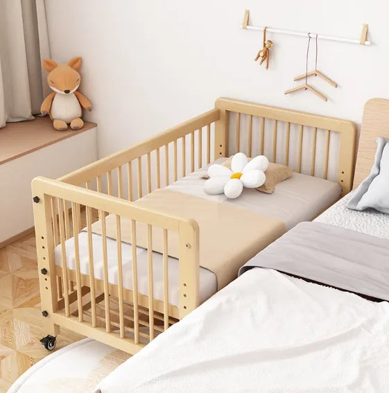 #Solid Wood Crib Baby Bed Comfortable Durable Movable Height Adjustment For Newborn Toddler Includes Wheels For Easy Bedroom