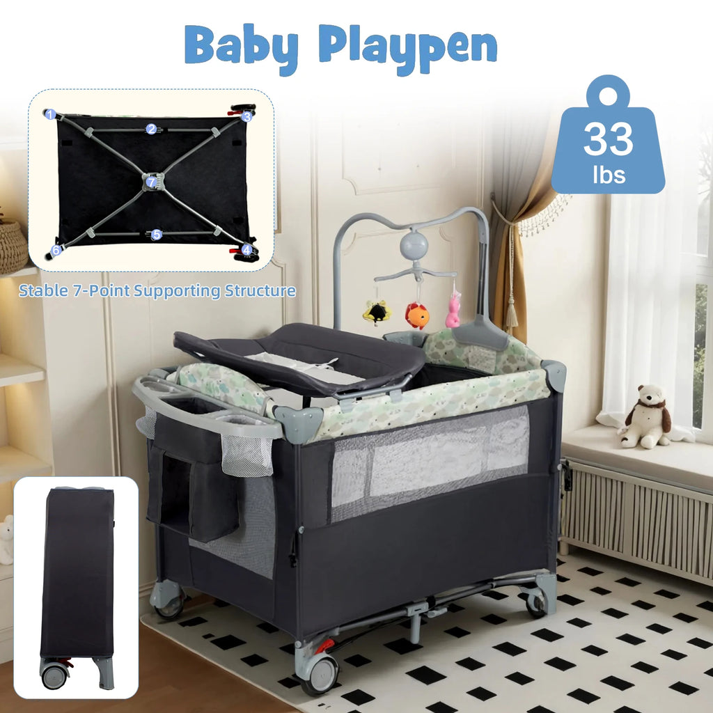 Pack n Play Portable Playard with Bassinet Baby Travel Crib with Changing Table Newborn to Toddler Folding Nursery Bed Playpen