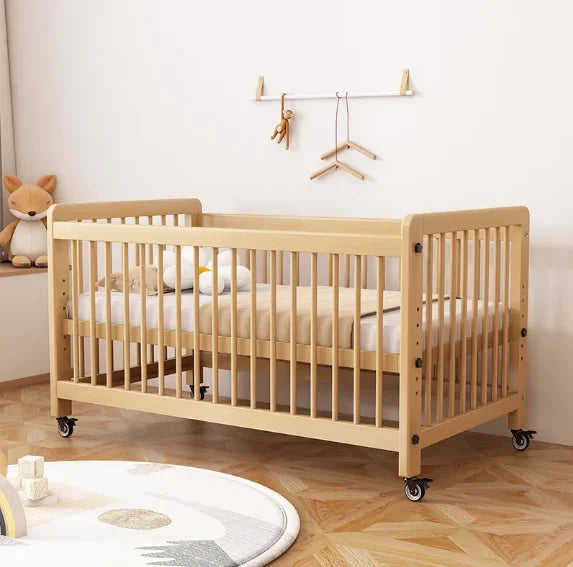 #Solid Wood Crib Baby Bed Comfortable Durable Movable Height Adjustment For Newborn Toddler Includes Wheels For Easy Bedroom