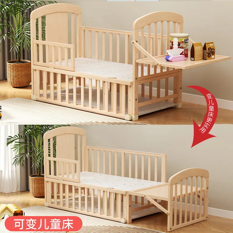 Wood Baby Crib with Newborn Baby Bed Diaper Table Multifunctional Baby Rocking Bed with Wheels and Mosquito Net