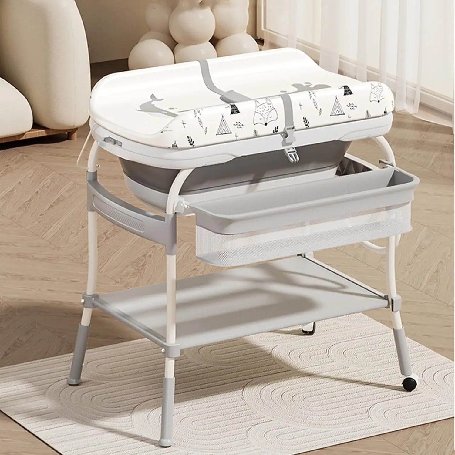 2 in 1 Baby Changing Table with Bath Tub Folding Diaper Dresser Station with Wheels Portable Nursery Organizer Stand for Newborn