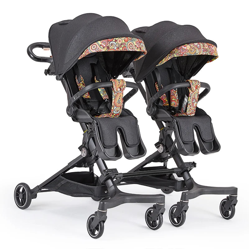 Lightweight Twin Stroller, A Must-have for Two-child Travel, with A Reclining and Sitting Position and A Swivel Seat.