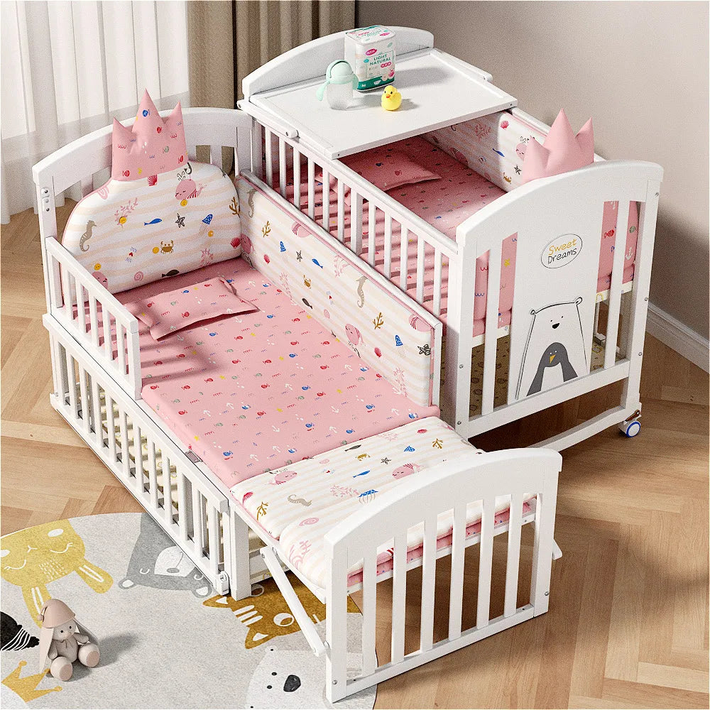 5 in 1 European Style Multifunction White Solid Wood Kids Cribs With Mosquito Net Comfortable Babies Bed for Twins
