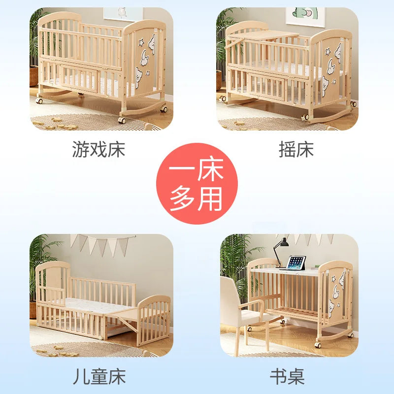 Wood Baby Crib with Newborn Baby Bed Diaper Table Multifunctional Baby Rocking Bed with Wheels and Mosquito Net