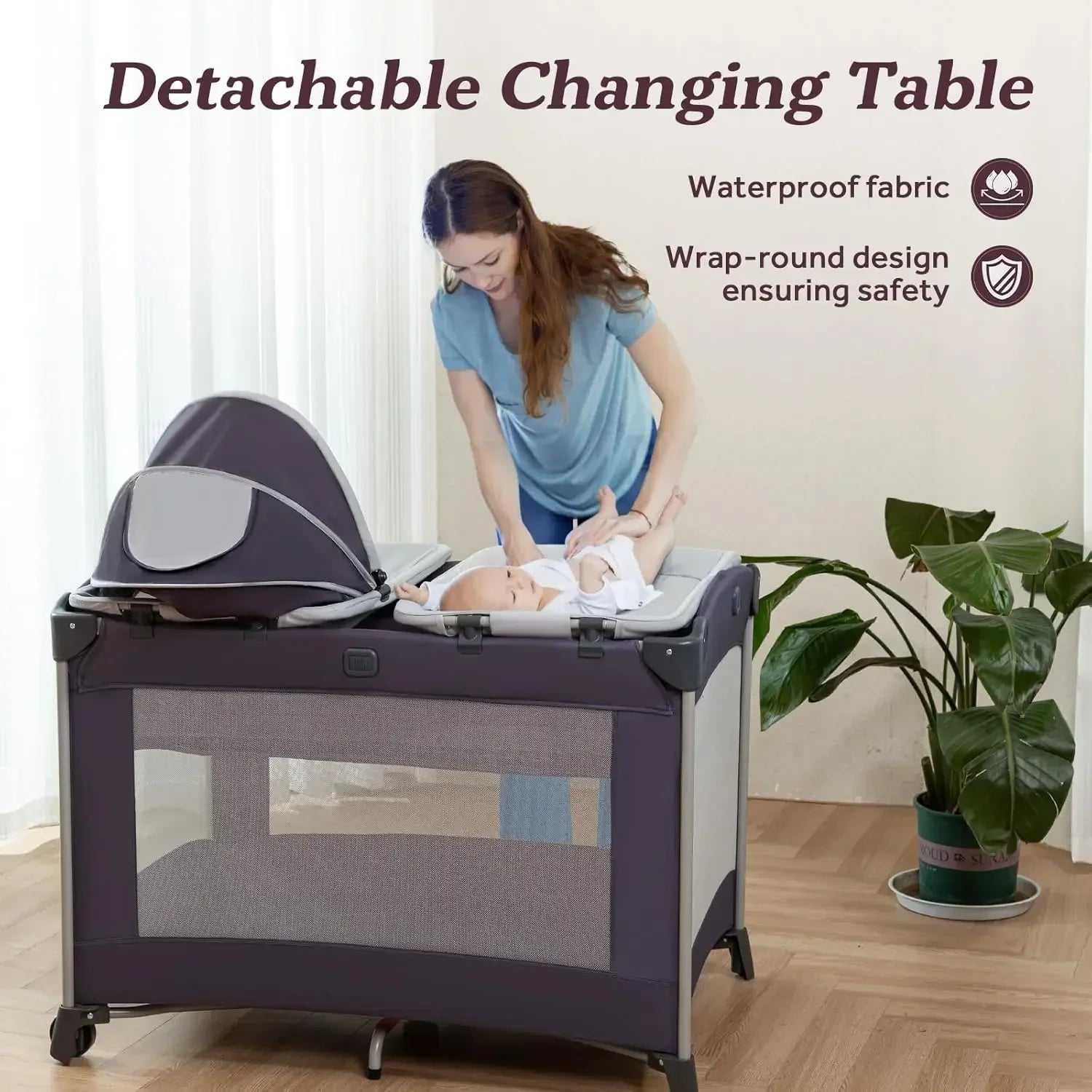 Portable Baby Playard 4 in 1 Design, Foldable Baby Playpen with Removable Bassinet, Canopy and Changing Table, Infant Playrad, N