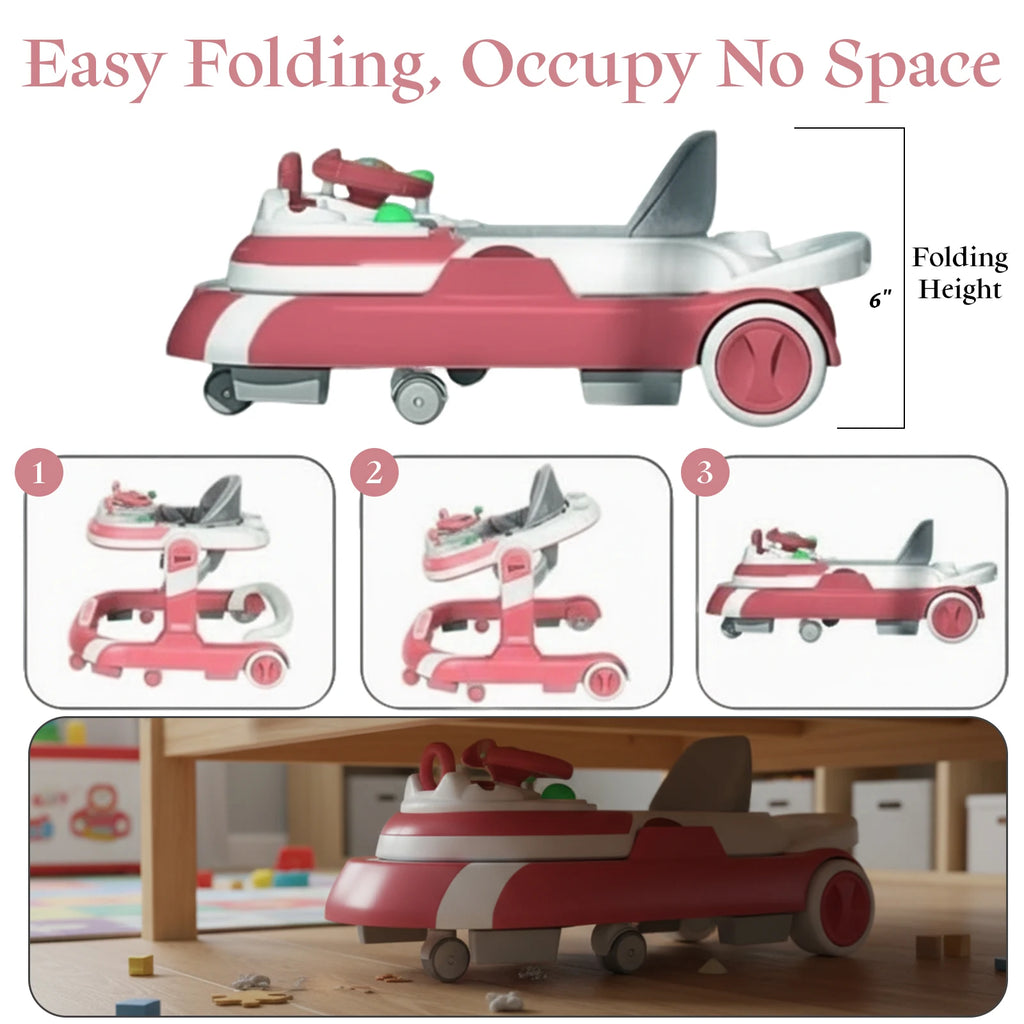 4 in 1 Baby Walker Toddler Baby Push Walker with Sunshade, Removable Feeding Tray and Music Tray Foldable Walker