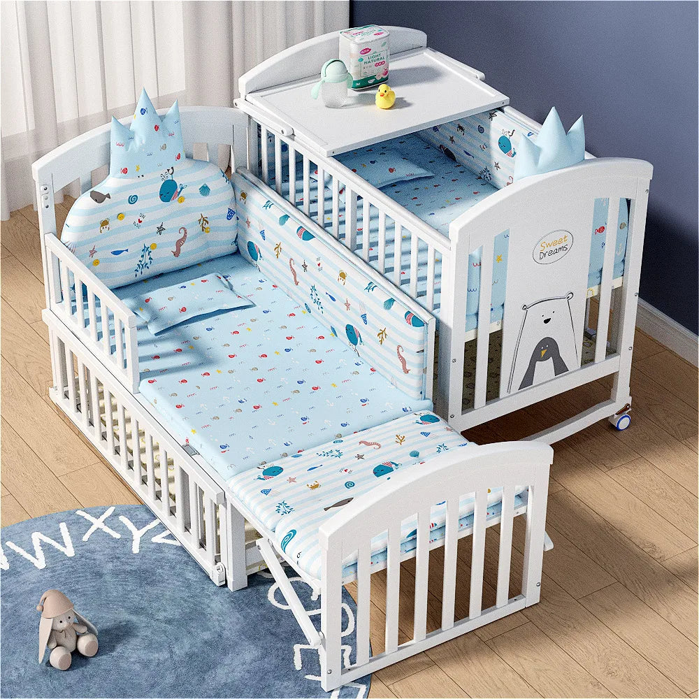 5 in 1 European Style Multifunction White Solid Wood Kids Cribs With Mosquito Net Comfortable Babies Bed for Twins