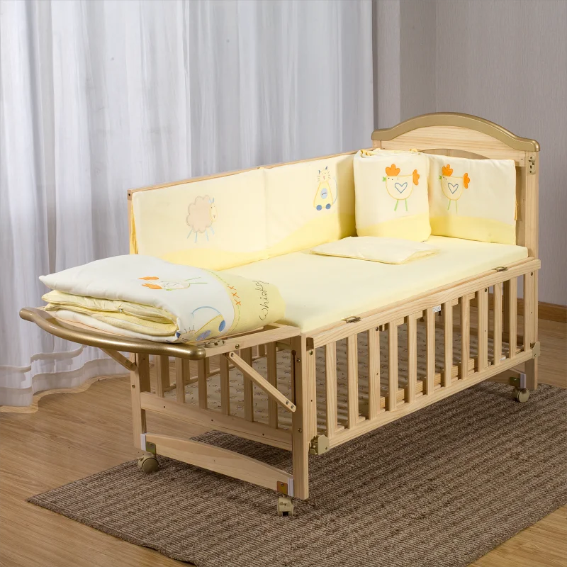 Wooden Crib Solid Wood Crib & Crib Cradle Bed Neonatal and Walker Suture Bed 0-8 Years with Mosquito Net