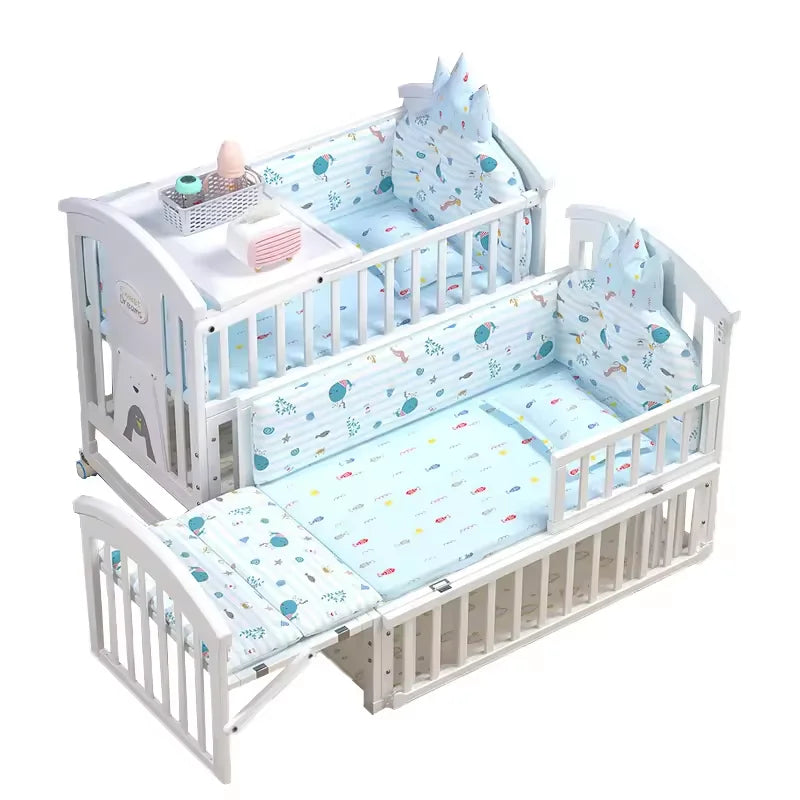 5 in 1 European Style Multifunction White Solid Wood Kids Cribs With Mosquito Net Comfortable Babies Bed for Twins