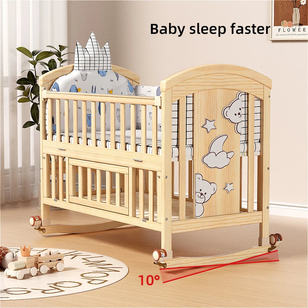 New Comfortable Solid Wood Baby Crib Adjustable Wheels Comfortable Baby Cradle Beds for 0-3 Years Old
