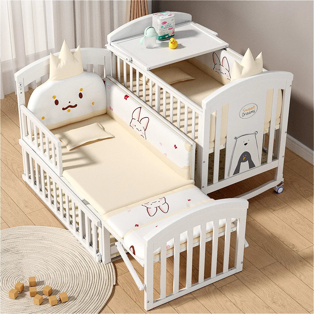 5 in 1 European Style Multifunction White Solid Wood Kids Cribs With Mosquito Net Comfortable Babies Bed for Twins