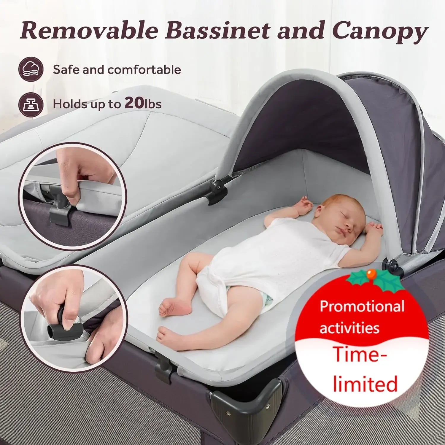 Portable Baby Playard 4 in 1 Design, Foldable Baby Playpen with Removable Bassinet, Canopy and Changing Table, Infant Playrad, N