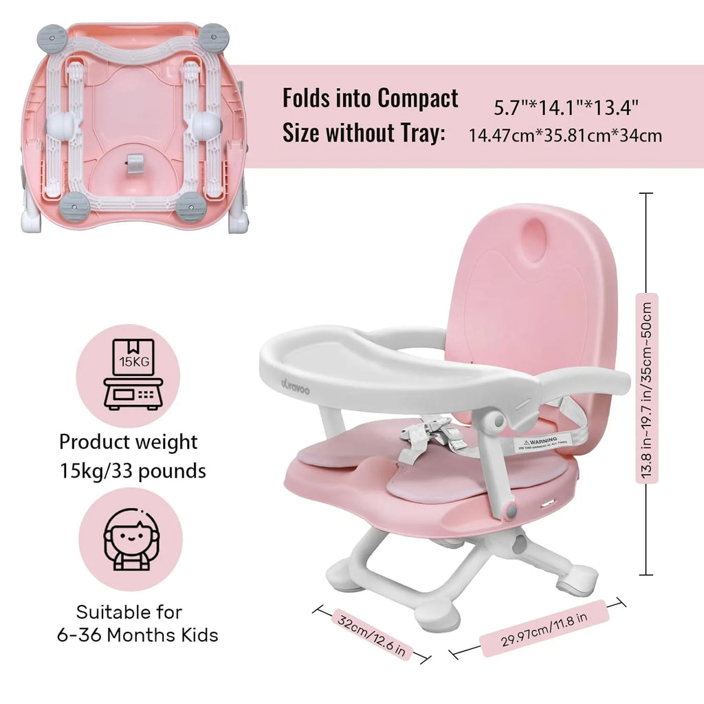 Baby Booster Seat for Dining Table with Removable Tray & Cushion, 3 in 1 Portable Toddler Booster Seat, 4 Height Adjustable
