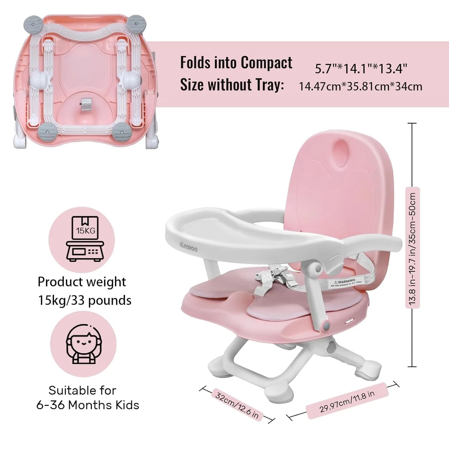 Baby Booster Seat for Dining Table with Removable Tray & Cushion, 3 in 1 Portable Toddler Booster Seat, 4 Height Adjustable