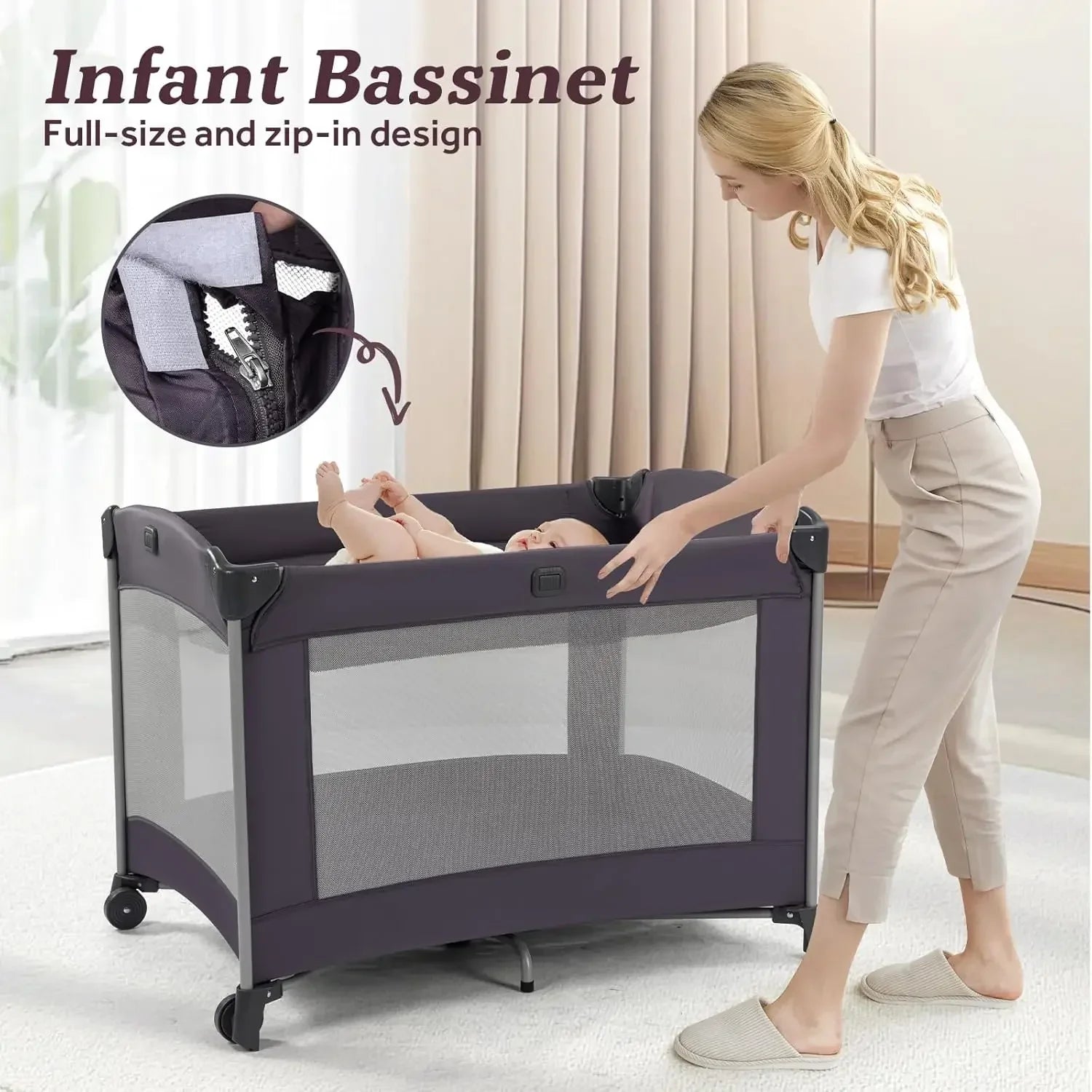 Portable Baby Playard 4 in 1 Design, Foldable Baby Playpen with Removable Bassinet, Canopy and Changing Table, Infant Playrad, N