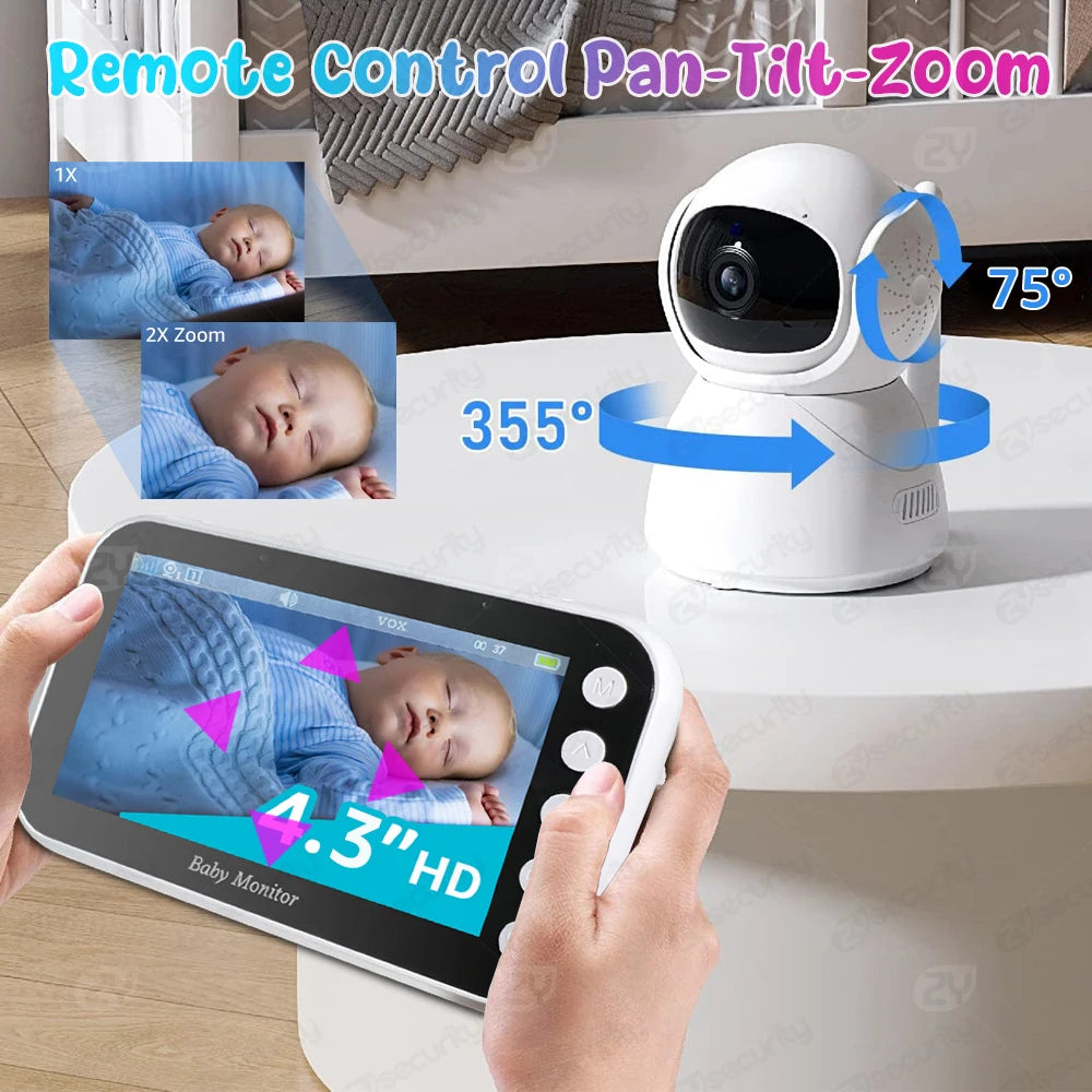 4.3"Baby Monitor with Camera Pan-Tilt-Zoom HD Babyphone 2000mAh Long Battery Life Mobile Baby Camera 2-way Talk Night Vision VOX