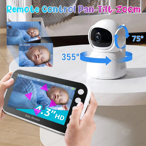 4.3"Baby Monitor with Camera Pan-Tilt-Zoom HD Babyphone 2000mAh Long Battery Life Mobile Baby Camera 2-way Talk Night Vision VOX