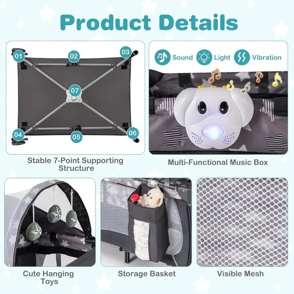 Pack and Play, 4 in 1 Portable Baby Playard with Bassinet, Changing Table, Lockable Wheels, Music Box, oldable Travel Baby Crib