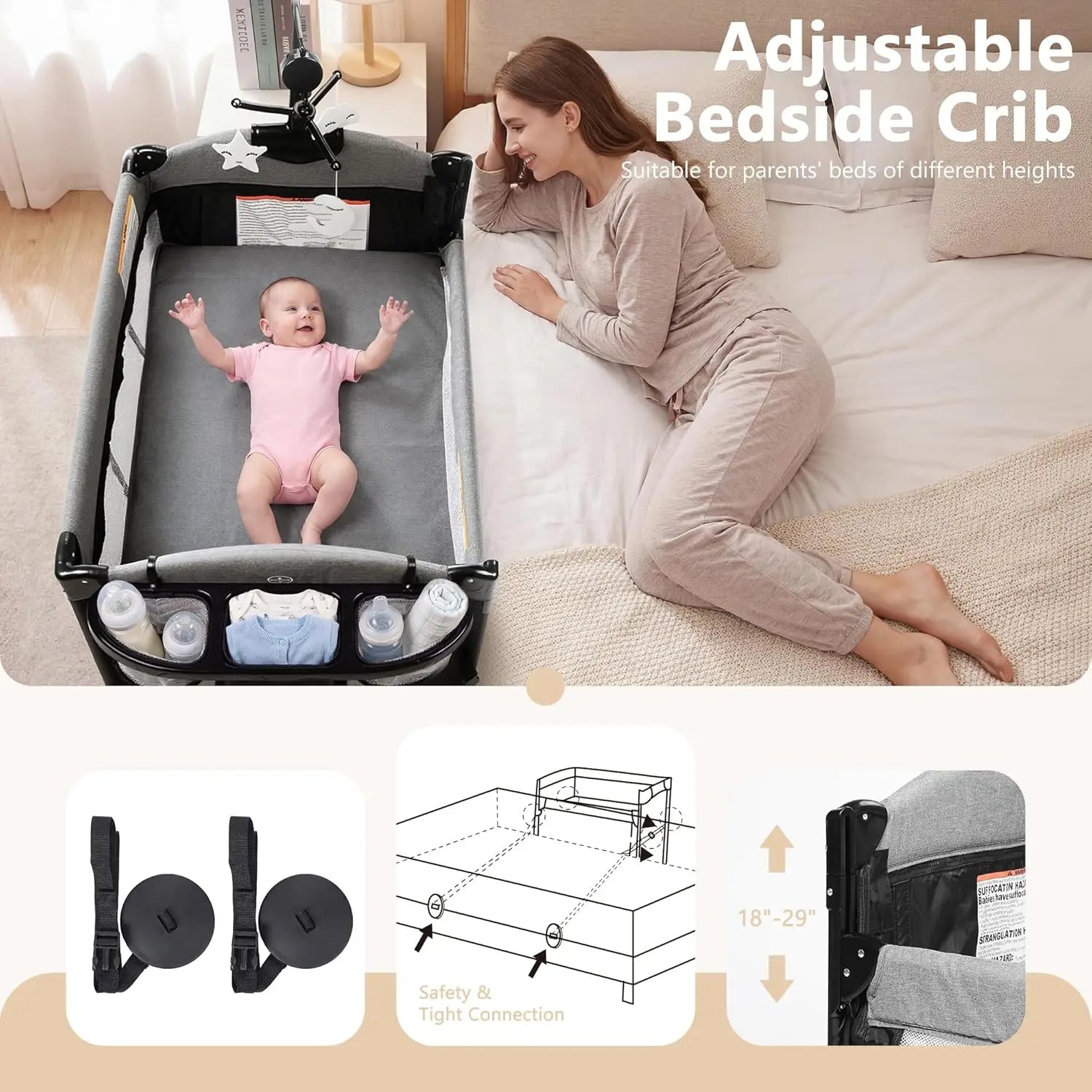 Kinder King 4 in 1 Portable Baby Playard, Foldable Baby Bedside Crib w/Bassinet, Infant Pack and Play Playard Toddler Large Play
