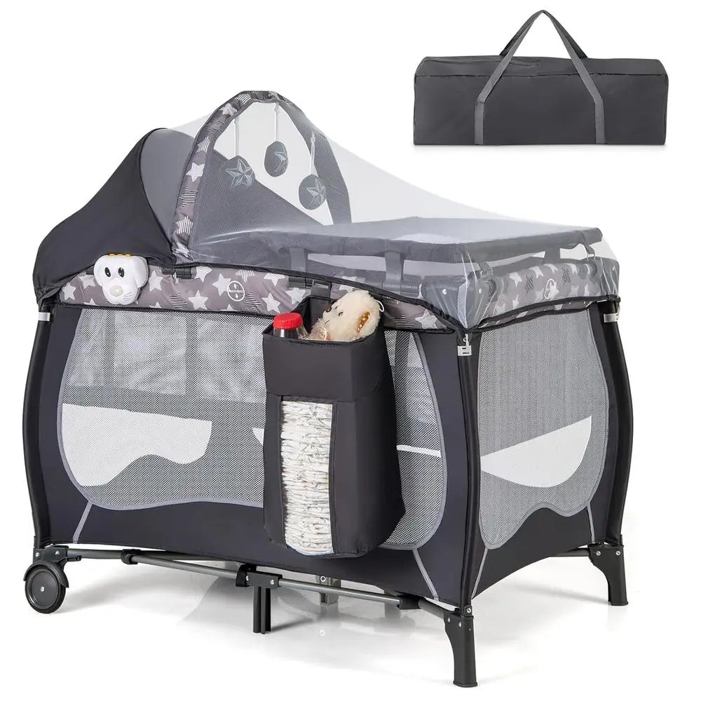 Pack and Play, 4 in 1 Portable Baby Playard with Bassinet, Changing Table, Lockable Wheels, Music Box, oldable Travel Baby Crib