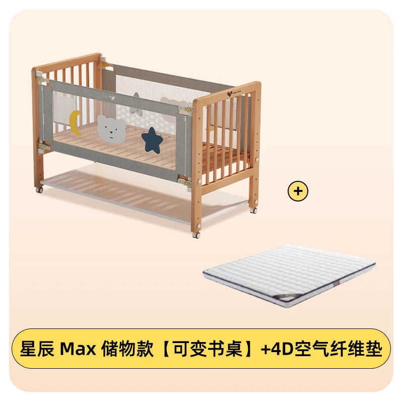 Solid wood crib patchwork bed movable with guardrail widening bedside baby multifunctional beech children's bed