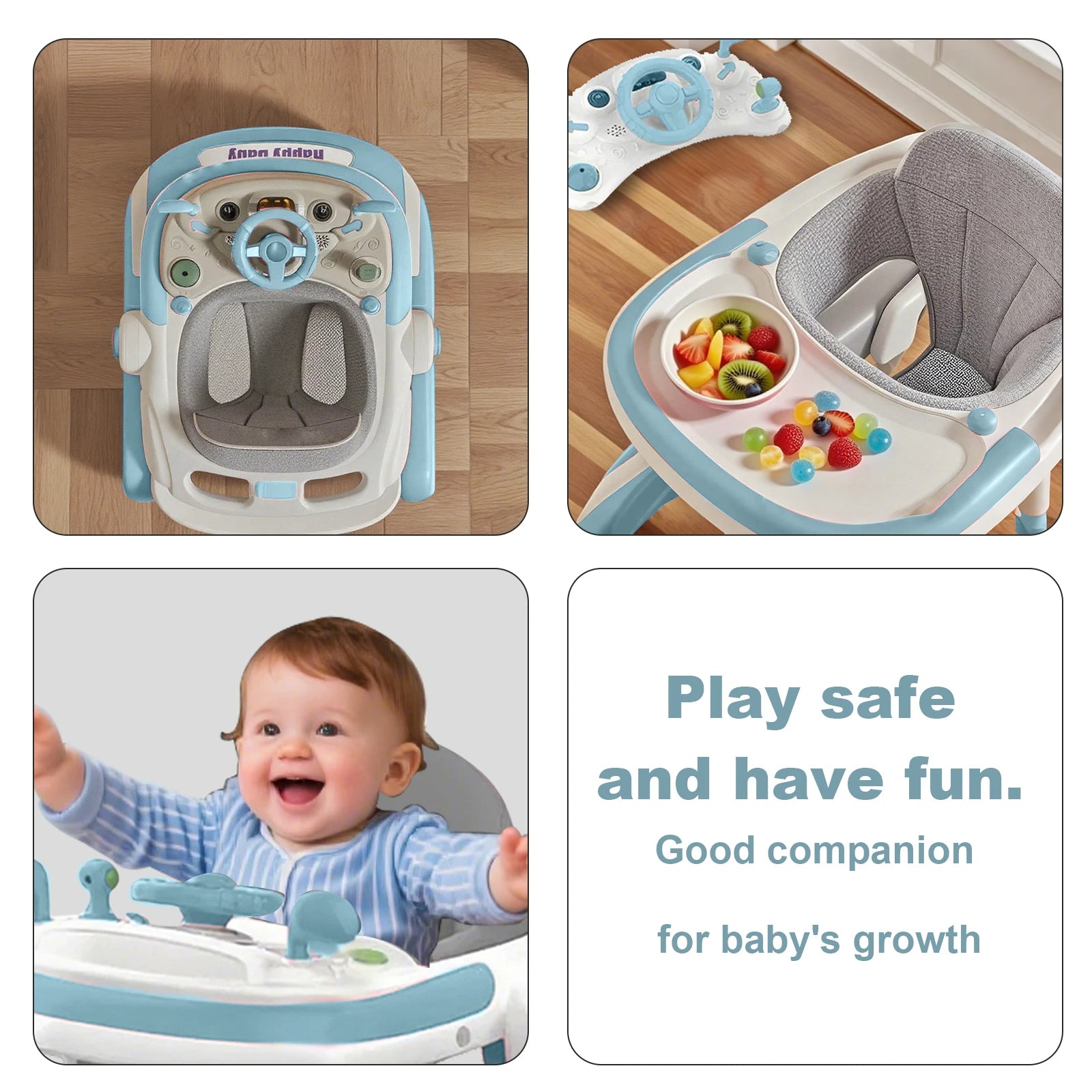 4 in 1 Baby Walker Toddler Baby Push Walker with Sunshade, Removable Feeding Tray and Music Tray Foldable Walker