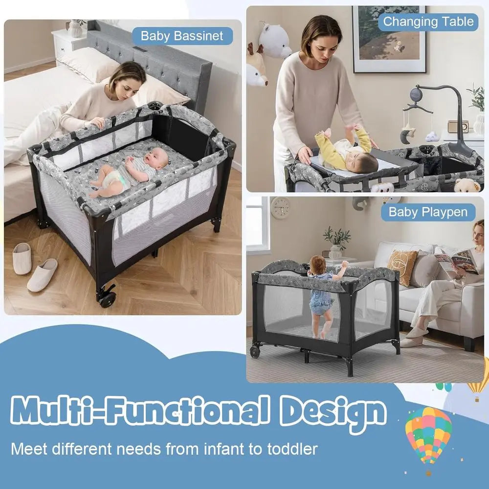Pack and Play, 4 in 1 Portable Baby Playard with Bassinet, Changing Table, Lockable Wheels, Music Box, oldable Travel Baby Crib