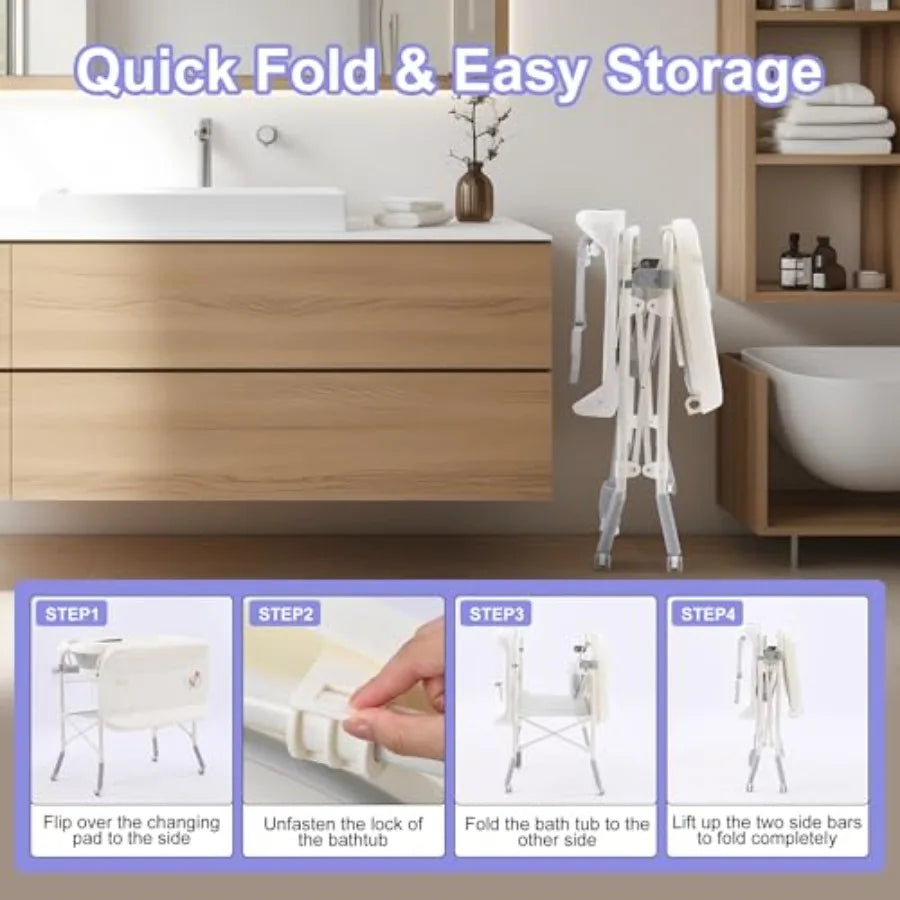 2-in-1 Baby Bathtub with Changing Table Foldable Diaper Changing Station with 4 Wheels Waterproof Pad Storage Rack and Baby Bat