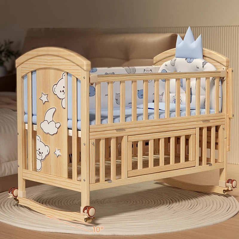 Wood Baby Crib with Newborn Baby Bed Diaper Table Multifunctional Baby Rocking Bed with Wheels and Mosquito Net