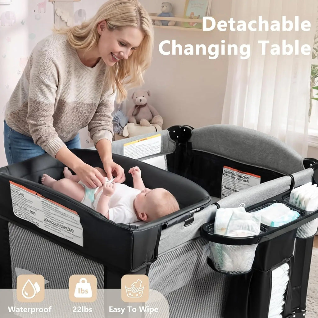 Kinder King 4 in 1 Portable Baby Playard, Foldable Baby Bedside Crib w/Bassinet, Infant Pack and Play Playard Toddler Large Play
