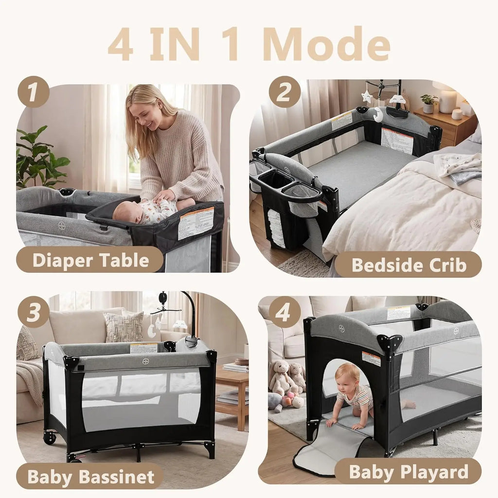 Kinder King 4 in 1 Portable Baby Playard, Foldable Baby Bedside Crib w/Bassinet, Infant Pack and Play Playard Toddler Large Play