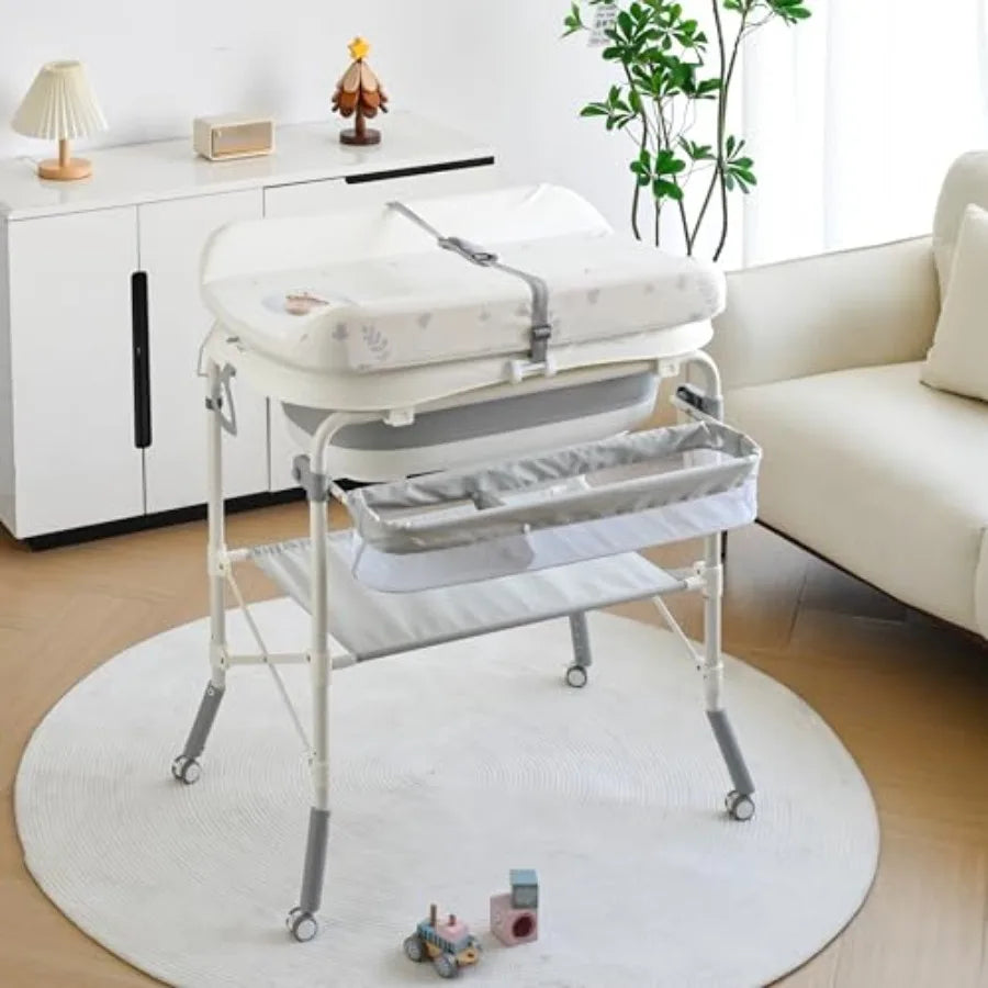 2-in-1 Baby Bathtub with Changing Table Foldable Diaper Changing Station with 4 Wheels Waterproof Pad Storage Rack and Baby Bat