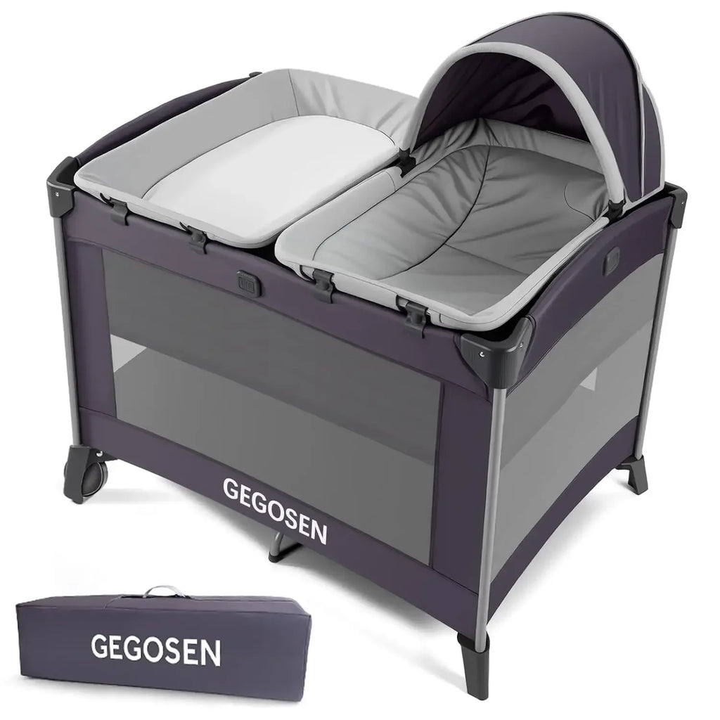 Portable Baby Playard 4 in 1 Design, Foldable Baby Playpen with Removable Bassinet, Canopy and Changing Table, Infant Playrad, N