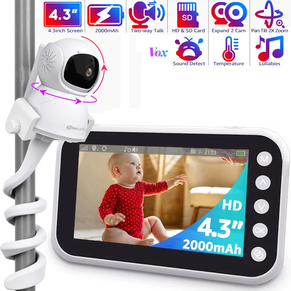 4.3"Baby Monitor with Camera Pan-Tilt-Zoom HD Babyphone 2000mAh Long Battery Life Mobile Baby Camera 2-way Talk Night Vision VOX