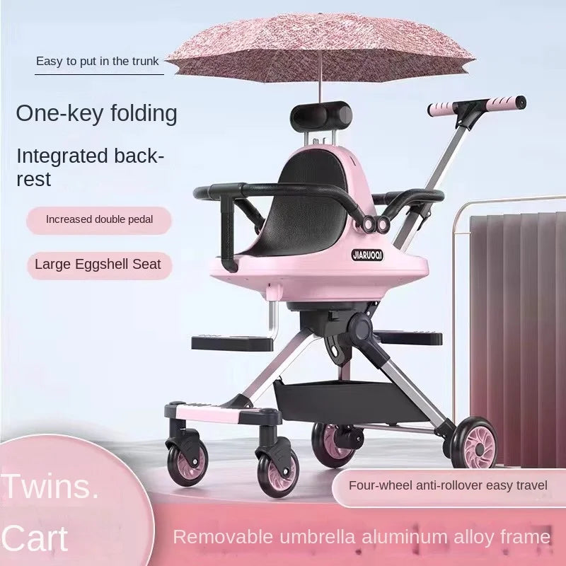 Twin Baby Stroller Double Seat Lightweight Portable Folding Aluminum Alloy Frame Removable Sunshade Umbrella Stroller