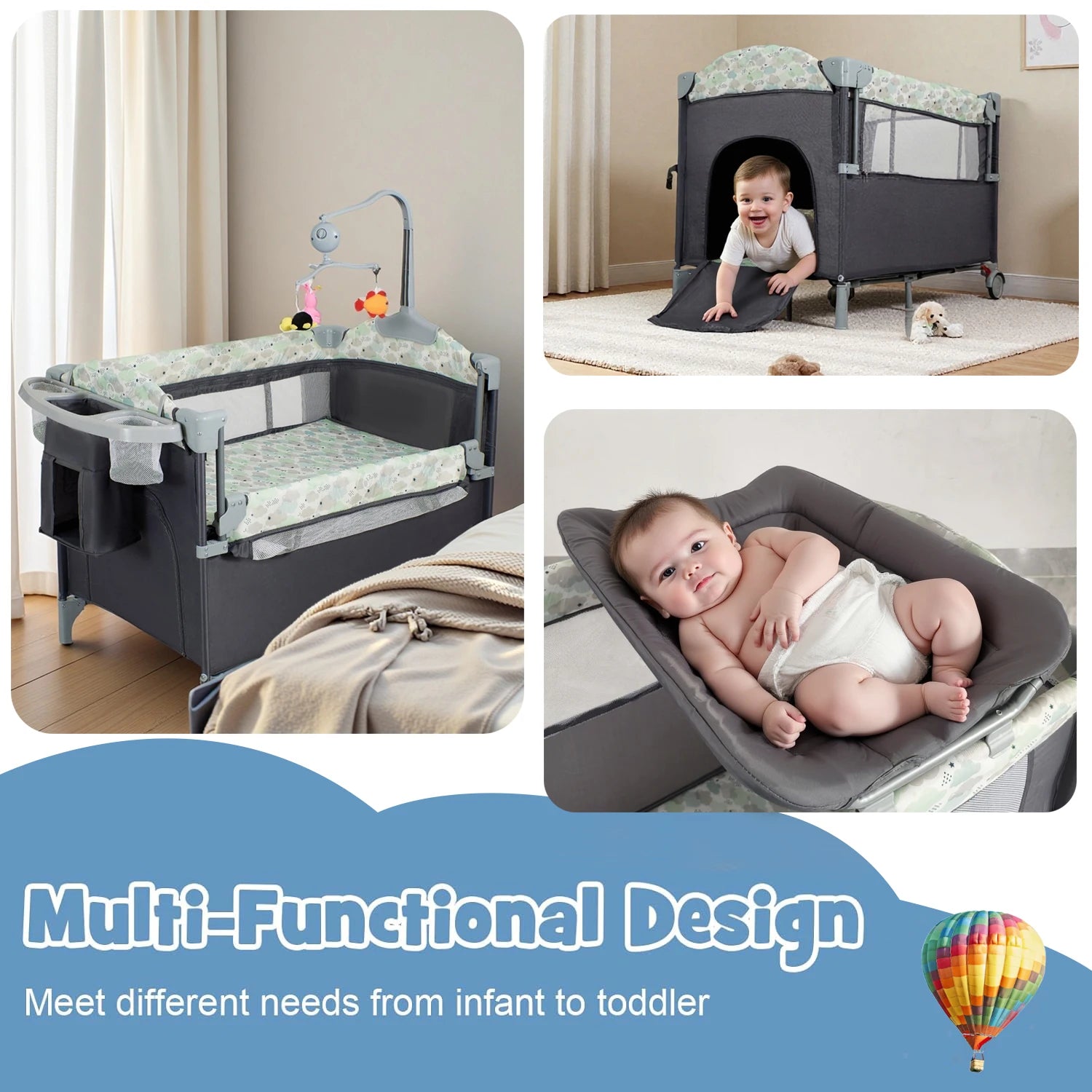 Pack n Play Portable Playard with Bassinet Baby Travel Crib with Changing Table Newborn to Toddler Folding Nursery Bed Playpen