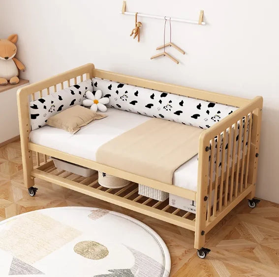 #Solid Wood Crib Baby Bed Comfortable Durable Movable Height Adjustment For Newborn Toddler Includes Wheels For Easy Bedroom