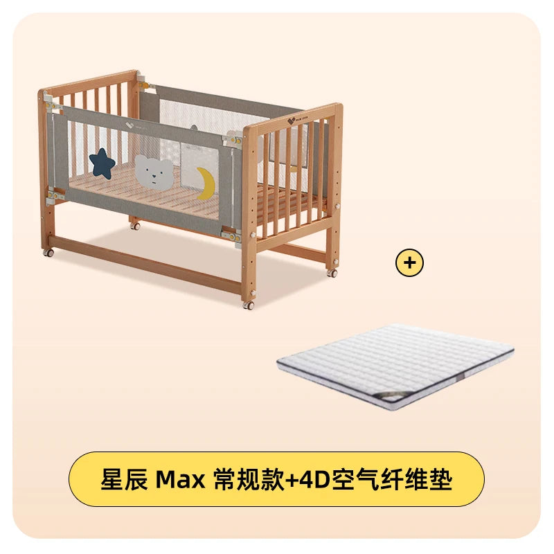 Solid wood crib patchwork bed movable with guardrail widening bedside baby multifunctional beech children's bed