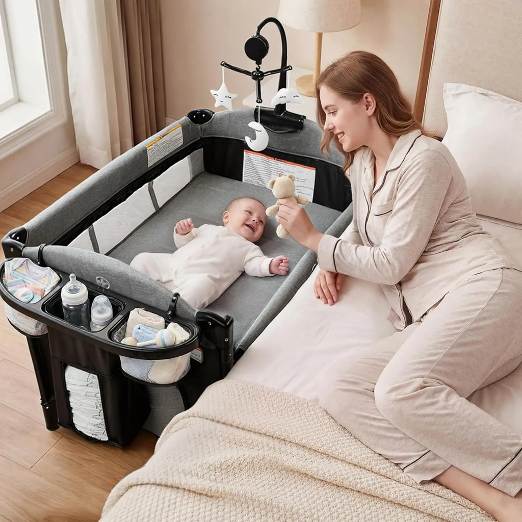 Kinder King 4 in 1 Portable Baby Playard, Foldable Baby Bedside Crib w/Bassinet, Infant Pack and Play Playard Toddler Large Play
